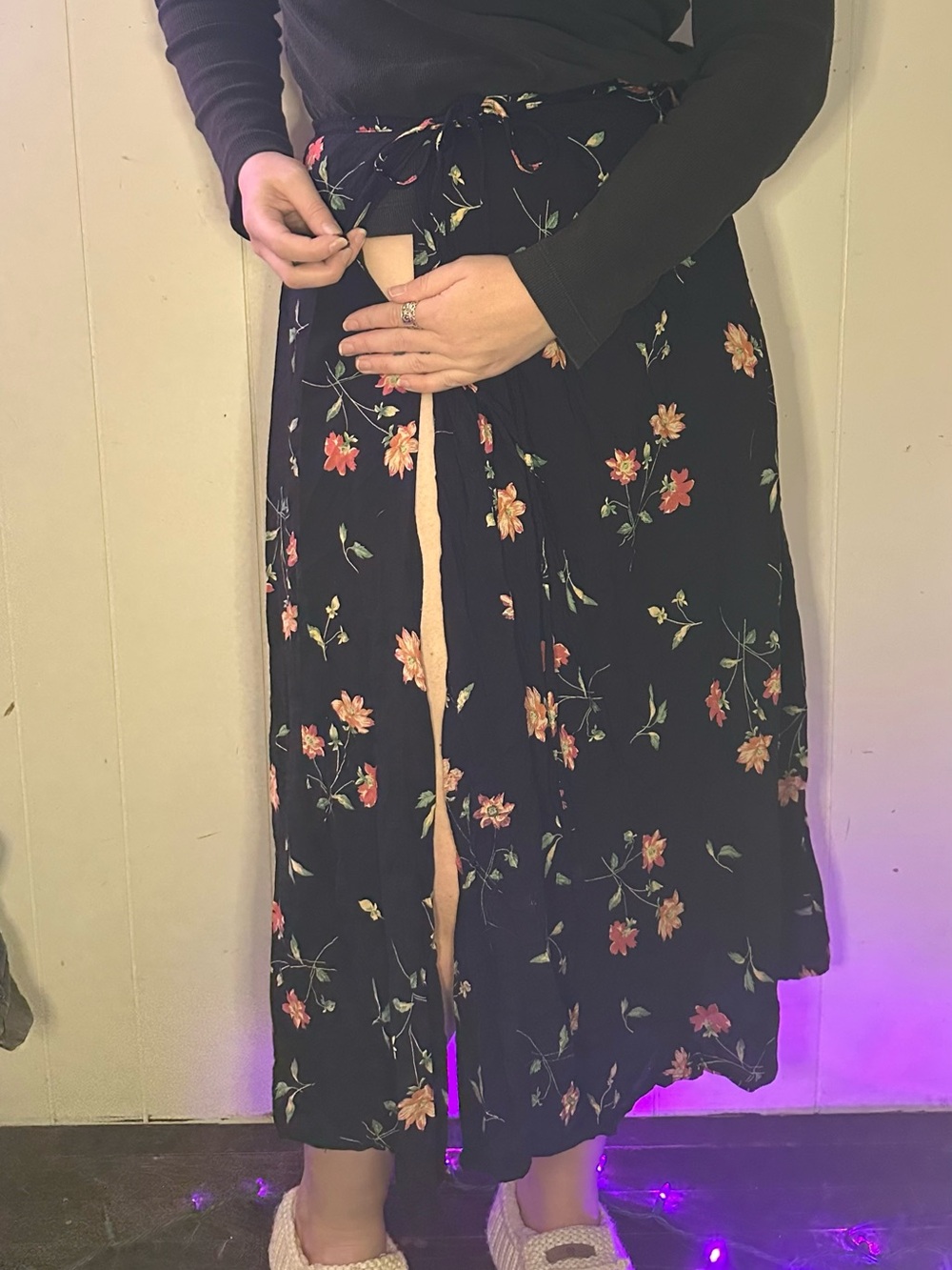 90s-Y2K Cottage Core Flowy Wrap Skirt - Black Floral Maxi by Bass - Picture 11 of 14